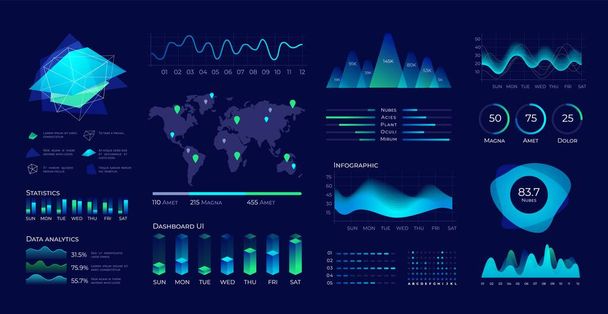 Dashboard UI. Futuristic data panel with user interface elements, diagrams and charts. Vector data analytic and technology visualization - Διάνυσμα, εικόνα