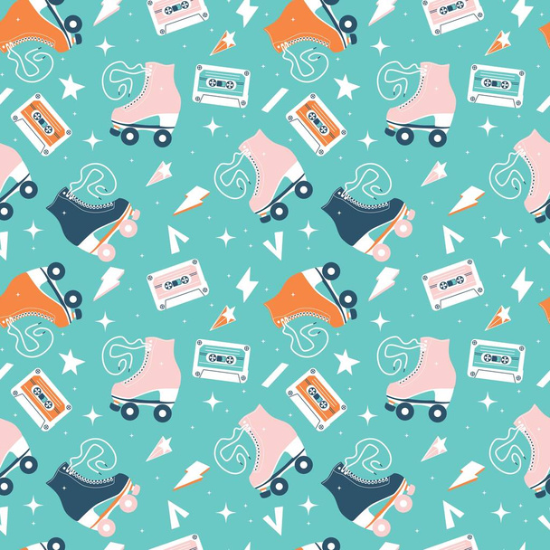 Seamless pattern with roller skates and cassette tapes. Retro hand drawn laced boots, colorful vector illustration - Vector, Image