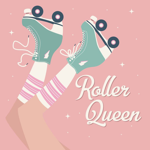 Hand drawn illustration with female legs and tube socks and retro roller skates. Colorful vector illustration - Vector, Image