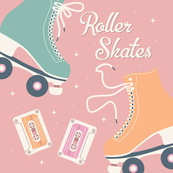 Hand drawn illustration with retro roller skates and cassette tapes. Colorful vector illustration - Vector, Image