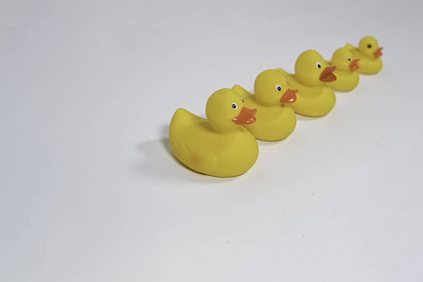 Patos de goma amarillos aislados sobre fondo blanco. Baño pato juguete
 - Foto, Imagen