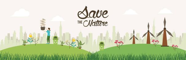 save the nature campaign with woman in landscape scene - Vektör, Görsel