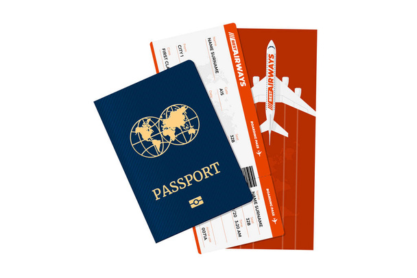 Passeport avec billets d'avion. Document d'identité personnel et carte d'embarquement. Vecteur tourisme international concept illustration itinérante
 - Vecteur, image