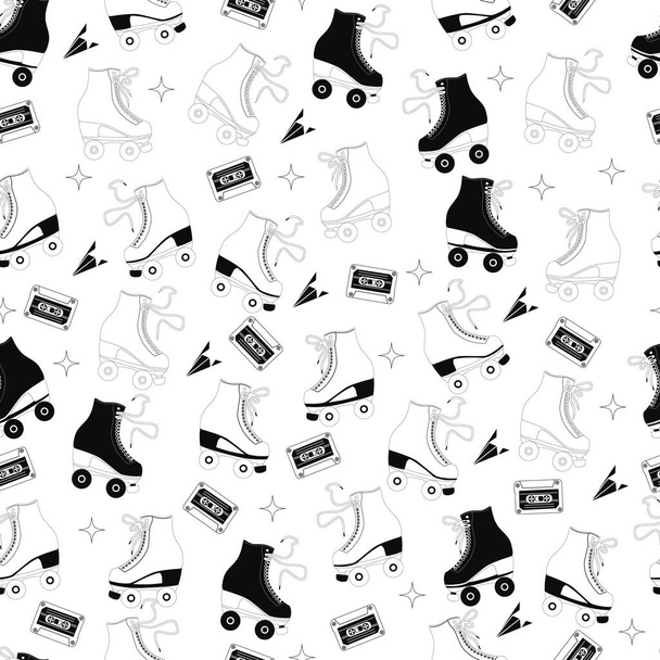 Seamless pattern with roller skates and cassette tapes. Retro hand drawn laced boots, black and white vector illustration - Vector, Image