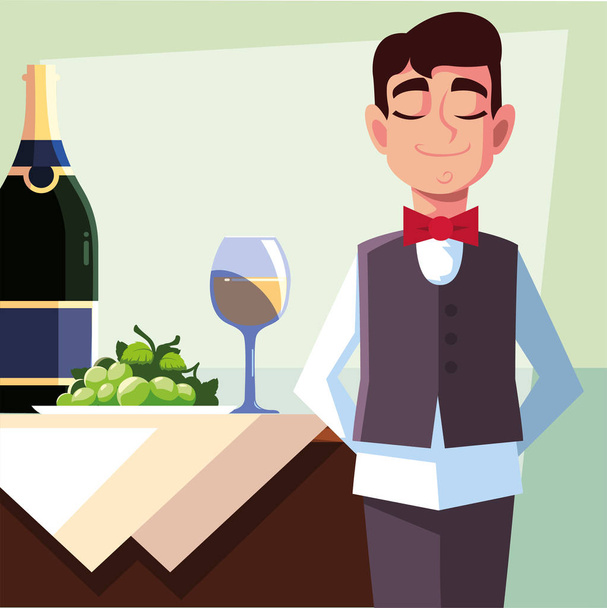 professional waiter holding bottle of wine - ベクター画像