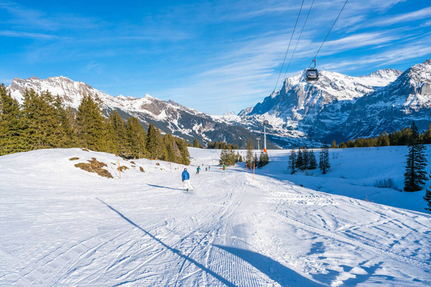 GRINDELWALD, SWITZERLAND - JANUARY 12 2020: People enjoy winter sports on Mannlichen mountain in Grindelwald, a popular Jungfrau Region ski resort  which offers plenty of snowy activities - Foto, afbeelding
