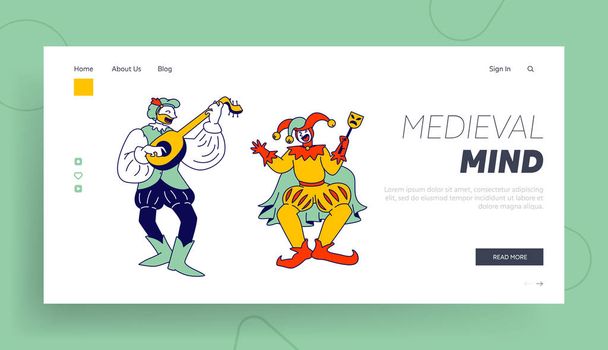 Medieval Characters Minstrel and Buffoon Website Funny Carnival Show or Fairy Tale Personages, Ancient Market Comic Persons Web Page Banner Cartoon Flat Vector Illustration, Line Art - Вектор, зображення