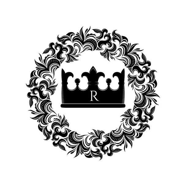 Корона в круглой цветочной винтажной рамке в викторианском стиле, Дамаск. Озил, королевская, роскошная иллюстрация. Украшенный декор, граница для приглашения, открытка, логотип, знак, этикетка, значок, тату. Векторная иллюстрация
 - Вектор,изображение