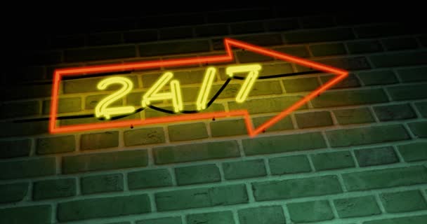 neon sign 24 7 shows business open and support available. Anytime commercial helpdesk advertisement means help any hour - 4k - Footage, Video