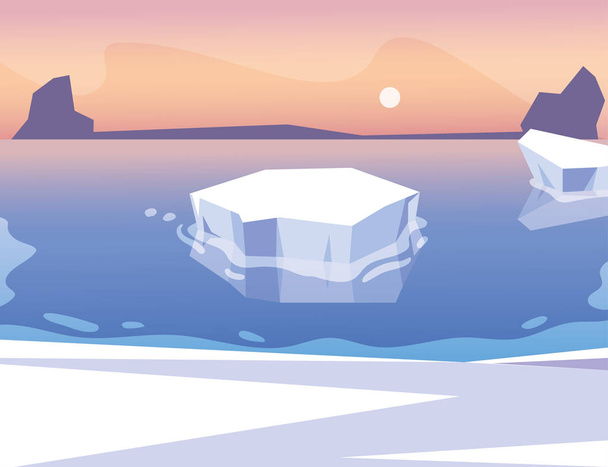 айсберг плаває в блакитному океані з сонцем в небі
 - Вектор, зображення