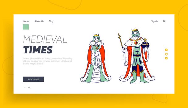 Keskiaikaiset kuninkaalliset perheenjäsenet kuningas ja kuningatar puvuissa Verkkosivusto Laskeutuminen Page. Muinainen historiallinen kuningaskunta tai Fairy Tale Fantasy Characters Web Page Banner. Sarjakuva tasainen vektori kuvitus, Line Art
 - Vektori, kuva