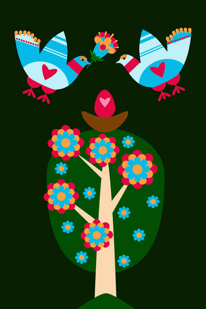 Wiosenne drzewo z kwiatami i ptakami w płaskim stylu. Ilustracja wektora - Wektor, obraz