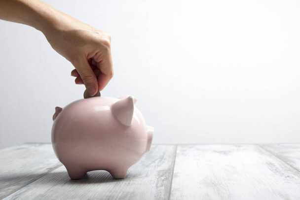 woman hand putting money coin into piggy for saving money wealth and financial concept - Foto, Bild