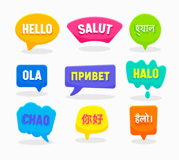 Set Beszéd buborékok Hello Word különböző nyelveken angol kínai spanyol orosz bengáli hindi indonéz francia olasz izolált fehér háttér. Színes címkék, ikonvektor illusztráció - Vektor, kép