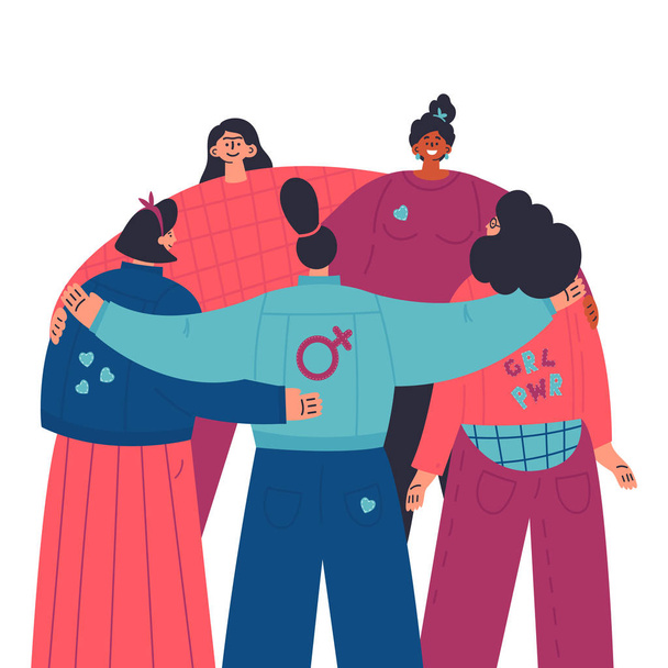 Onnelliset naiset seisovat yhdessä ja halata toisiaan.Ryhmä naispuolisia ystäviä, liitto feministit, sisterhood.look takaa.Tasainen sarjakuvahahmoja valkoisella taustalla.Värikäs vektori kuva
 - Vektori, kuva
