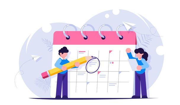 Concept of planning tasks for the week, month. Employees with a pencil and a list of tasks are near the calendar, the scheduler. Man and woman make up a business plan. Modern flat illustration. - Vector, Image