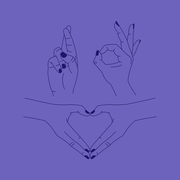 Vector set abstracte logo design sjablonen in eenvoudige lineaire stijl - handen in verschillende gebaren - hart gemaakt door handen, oke gebaar, handen in ketenen, gekruiste vingers in minimalisme - Vector, afbeelding