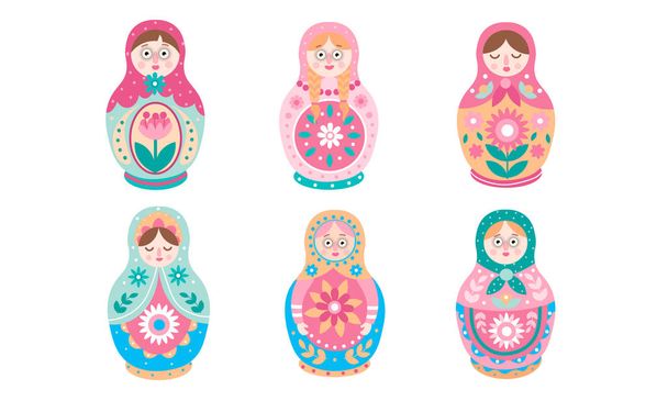 Traditional Russian nesting doll toys with different patterns vector illustration - Διάνυσμα, εικόνα