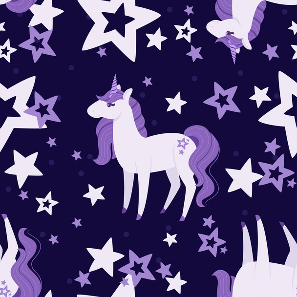 Nahtloses Muster von magischen mythischen Tier aus Märchen Einhorn Cartoon Tier Design flache Vektorillustration auf dunklem Hintergrund - Vektor, Bild