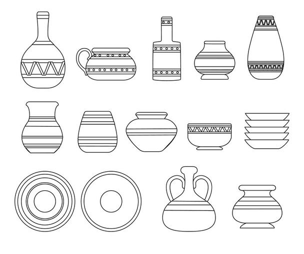 Set of ancient greek clay pottery outline style flat vector illustration isolated on white background. - Vector, imagen