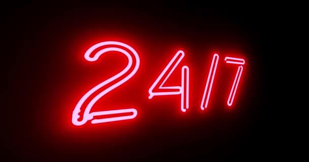letrero de neón 24 7 muestra el negocio siempre abierto y soporte disponible. Anuncio de mesa de ayuda comercial en cualquier momento significa ayuda a cualquier hora - 4k
 - Metraje, vídeo