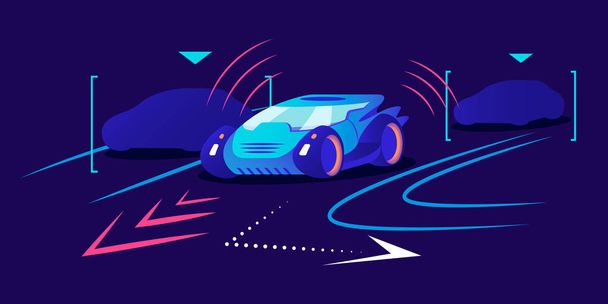Vezető nélküli autó lapos színű vektor illusztráció. Autonóm szállítás, önvezető jármű kék háttérrel. Okos elektromos autó navigál a városi forgalomban. Intelligens helymeghatározó rendszer - Vektor, kép