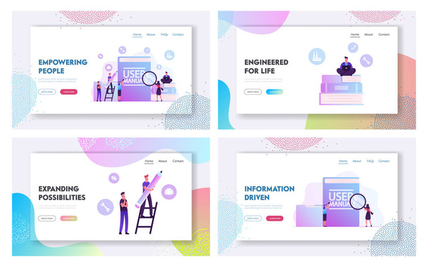 User Manual Instructions or Guidance Booklet Website Landing Page Set. Customer Support Center, People Writing Requirements Specifications Documents Web Page Banner. Cartoon Flat Vector Illustration - Vector, Image