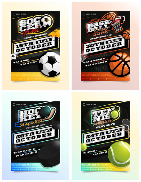 Вектор набору реклами спортивного флаєра. Крижаний хокей, баскетбол, теніс, футбол
 - Вектор, зображення