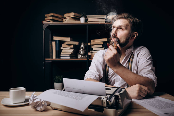 Handsome Bearded Writer Thinking and Smoking Pipe - Fotoğraf, Görsel