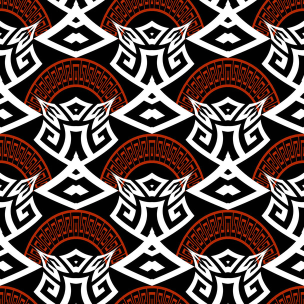 Black white red modern abstract vector seamless pattern. Greek o - Vektör, Görsel