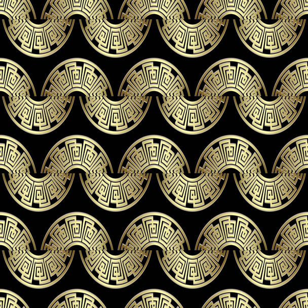 Waves seamless pattern. Greek ornamental background. Repeat vector curves backdrop. Greek key meanders gold 3d wave ornaments. Surface curves, shapes, mazes. Luxury beautiful ornate deco design - Вектор, зображення