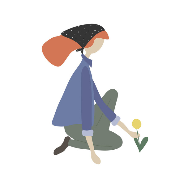 Χαριτωμένο κορίτσι άνοιξη, καλοκαίρι κηπουρική. Νεαρή ενήλικη γυναίκα κάθεται στο έδαφος κοντά στο λουλούδι. Κάνοντας τη δουλειά στον κήπο: φύτευση, καλλιέργεια, φύτρα μεταμόσχευσης.  - Διάνυσμα, εικόνα