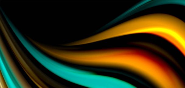 Abstract silk smooth lines on black, multicolored liquid fluid rainbow style waves on black - Vector, Image