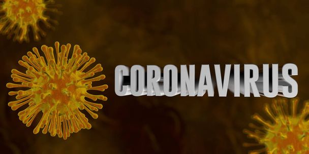Texture rugueuse des virus jaunes avec le mot CORONAVIRUS flottant sur un fond jaune foncé. Illustration 3D
 - Photo, image