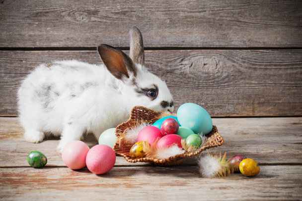 Easter eggs and bunny on old wooden background - Foto, Bild