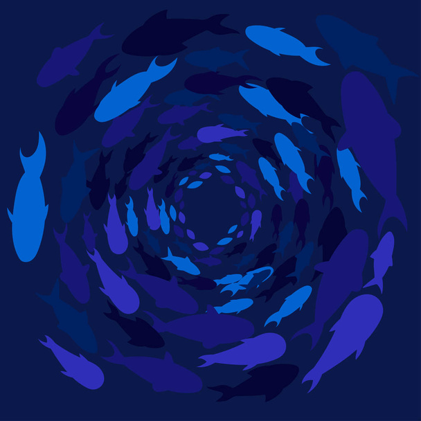 school of blue fish in a circle. Shoal of sea fish swimming in group underwater in the ocean. Vector image. deep under water. classic blue - Vector, Image