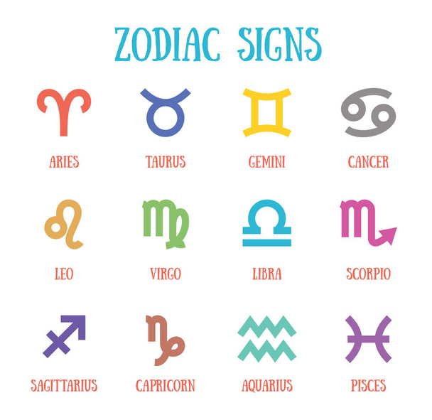 Zodiac signs: aquarius, libra, leo, taurus, cancer, pisces, virg - Vector, Image