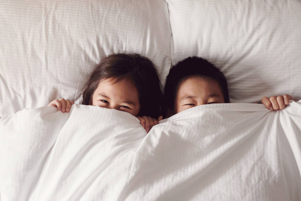Happy young Asian brother and sister covering their faces with b - Fotoğraf, Görsel