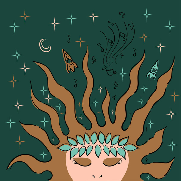 The girl sleeps, dreams of music and space. Vector sketch illustration. - Vector, Image