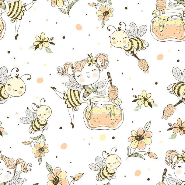 Seamless pattern with flower fairy and honey bees. Vector. - Vektör, Görsel