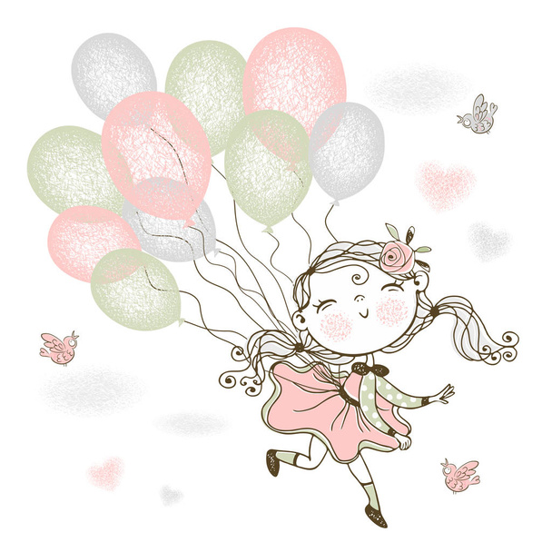 Una niña linda está volando en globos. Vector
. - Vector, Imagen