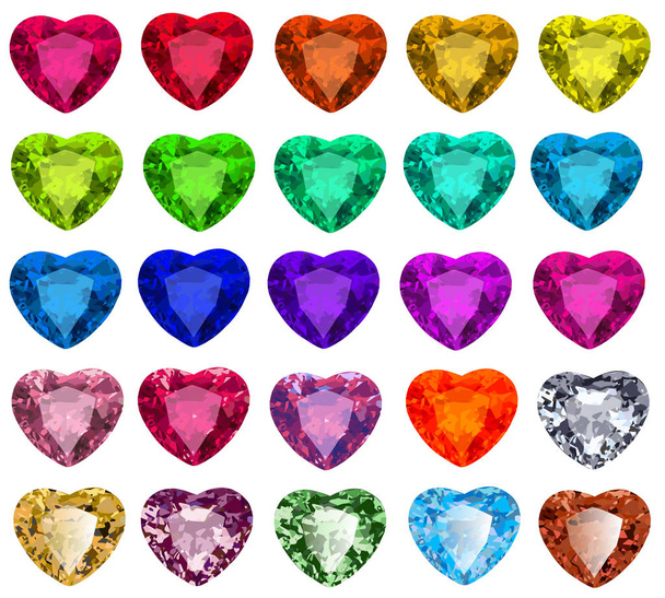 Illustration set of cut gemstones with heart in different colors - Vector, Image