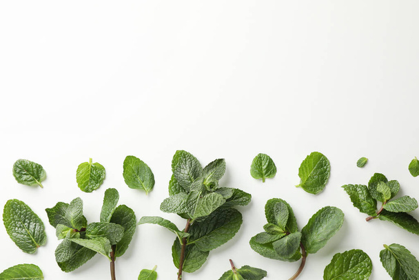 Fresh mint on white background, top view and space for text - Zdjęcie, obraz