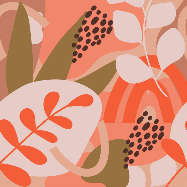 Hedendaagse collage pastel naadloos patroon. Terracotta abstracte vormen en tropische bladeren. - Vector, afbeelding