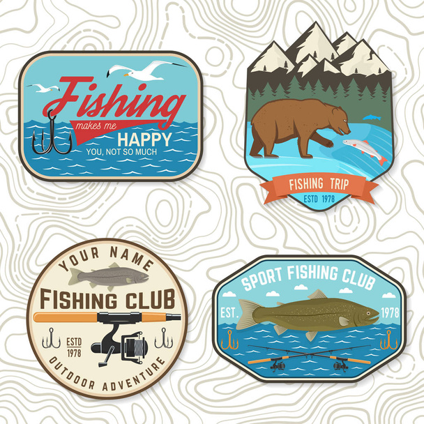 Set of fishing patch. Vector. Concept for shirt or logo, print, stamp, tee, patch. Vintage typography design with river, rainbow trout, bear and mountain silhouette. - Vektor, kép
