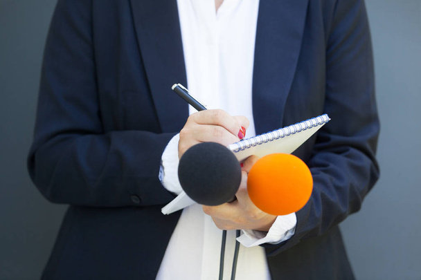 Woman journalist or reporter at news conference, writing notes, holding microphone. Journalism concept. - Foto, Imagen