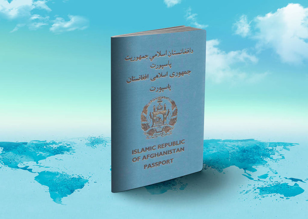 Паспорт Афганистана на карте мира с облаками на заднем плане
 - Фото, изображение