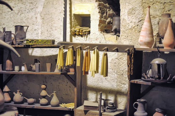 Medieval Alchemy shop with flasks and tools - Photo, image