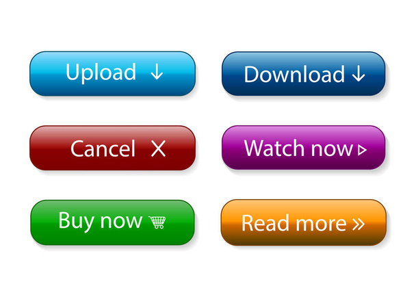 Conjunto de botões de estilo de material moderno vetorial com texto. Diferentes cores gradiente e ícones para web, aplicativo móvel. Menu de botão de navegação de modelo para loja, jogo, internet, banner de interface, site. Vetor
 - Vetor, Imagem