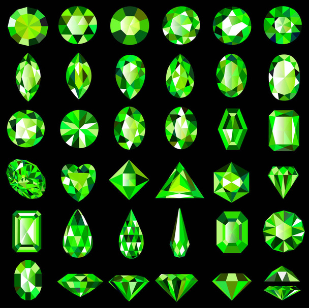 異なるカットや形状の緑のエメラルドの宝石のイラストセット. - ベクター画像